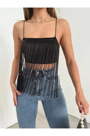  Saçaklı İp Askılı Crop Siyah